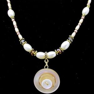 White and Beige Button and Pearl Necklace Handmade